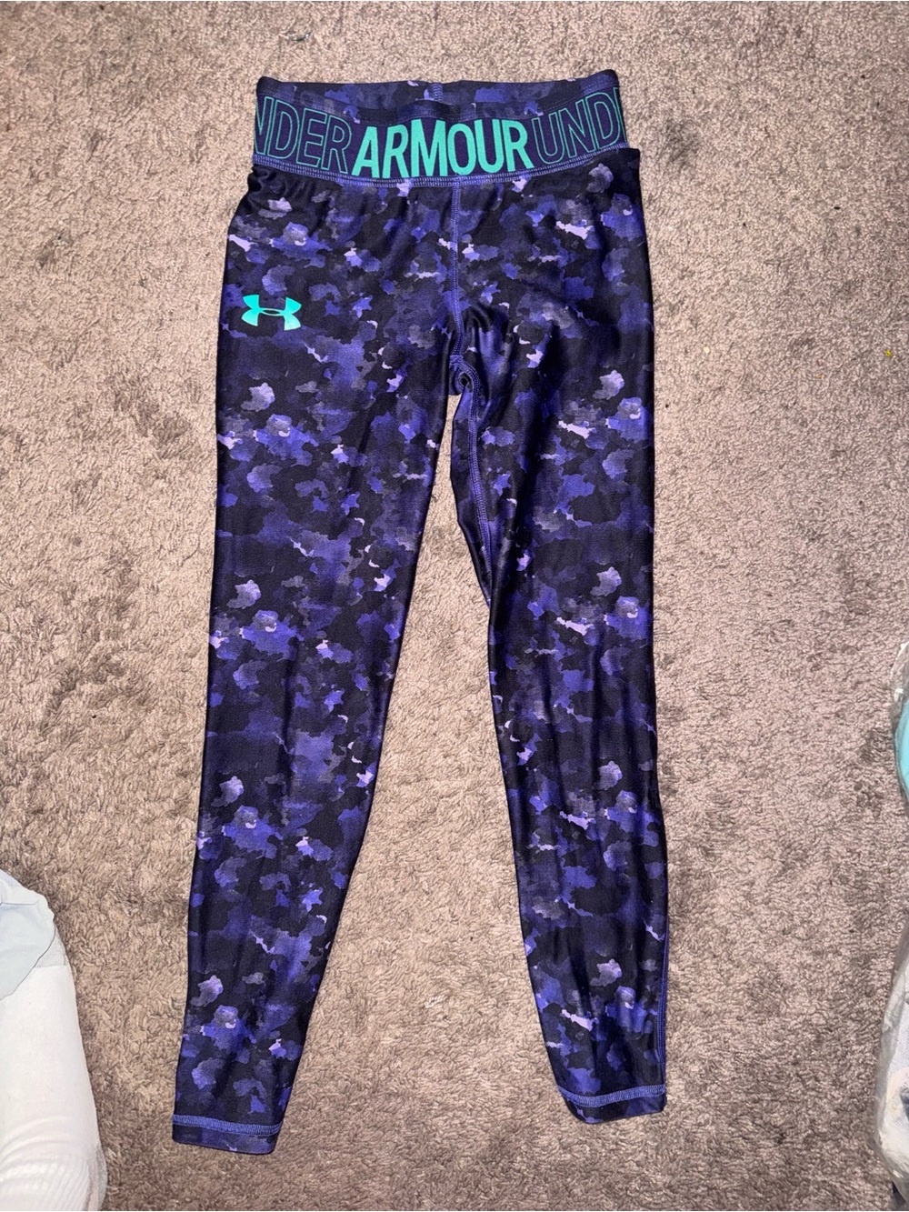 Under Armour Girls' Purple Camo Leggings with Teal Logo